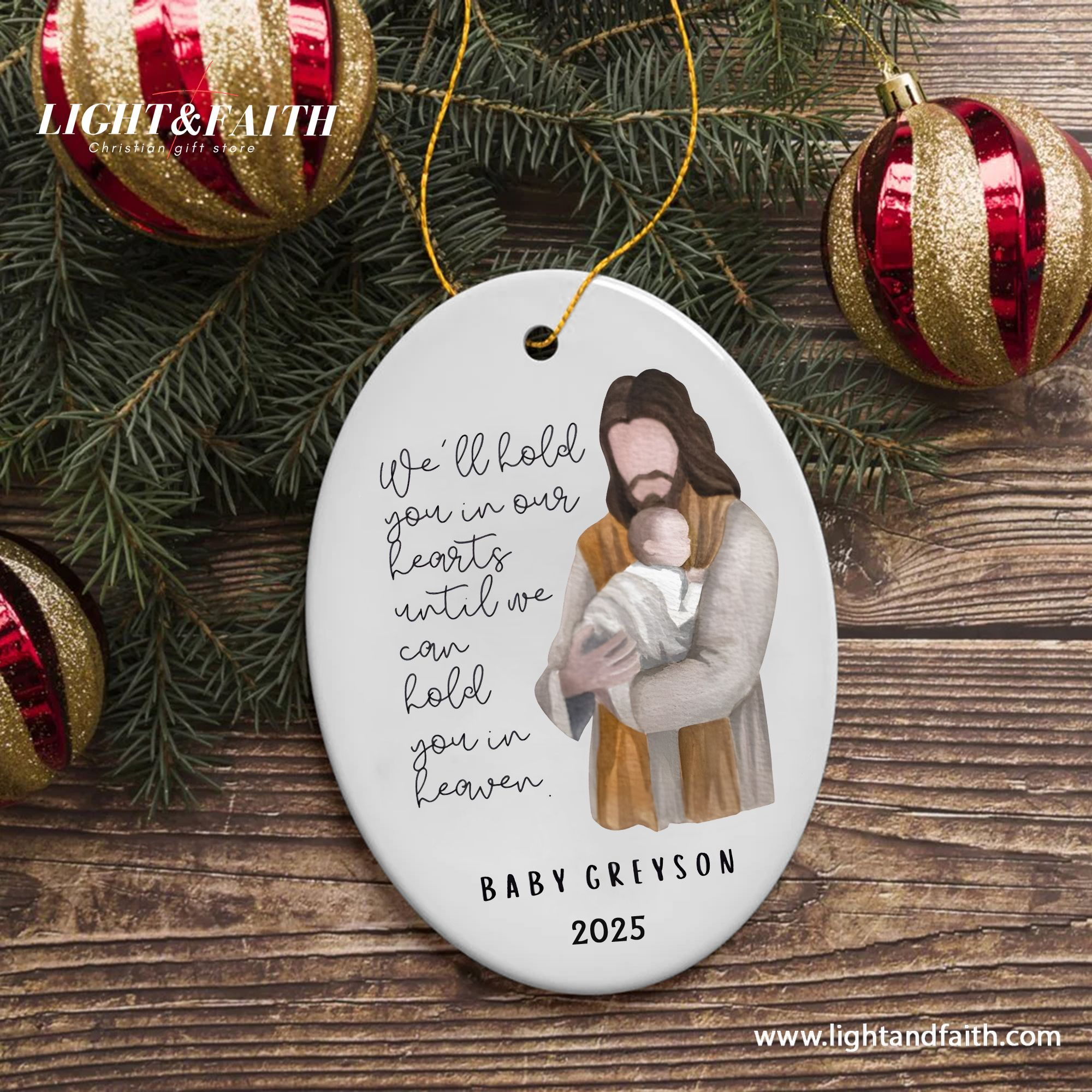 Memorial Christian Ornament, Jesus Holding Baby in Heaven, Personalized Remembrance Ornament 2025, Religious Christmas Decoration DCLAF41